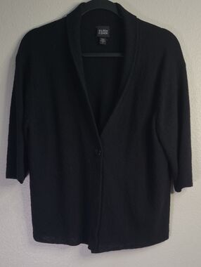Eileen Fisher Black Single-Button 100% Wool Open Cardigan Size Large